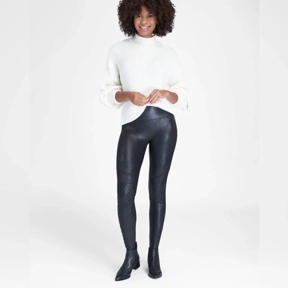 Spanx Faux Leather Quilted Leggings In Very Black Size Medium